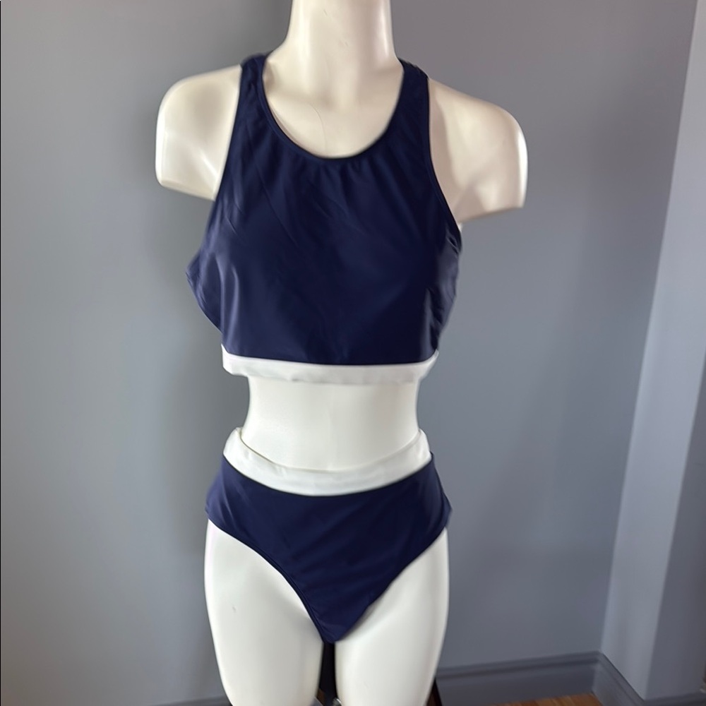 Navy Blue Bikini Set with High Neck and High-Cut Bottoms   522